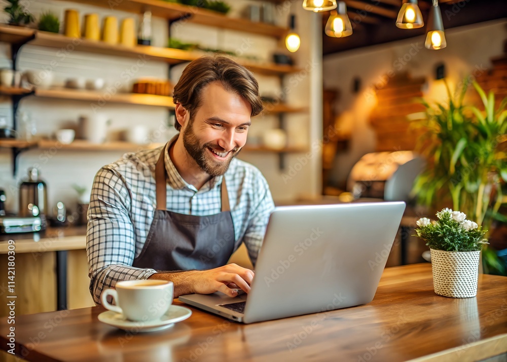 A young coffee shop owner works on a laptop in her cozy cafe. Happy cafe manager browsing the internet and chatting online. A young coffee shop owner works on a laptop in her cozy cafe. Happy cafe manager browsing the internet and chatting online.