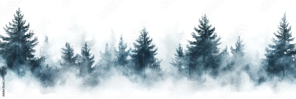 Obraz premium A painting of a foggy forest with trees shrouded in fog