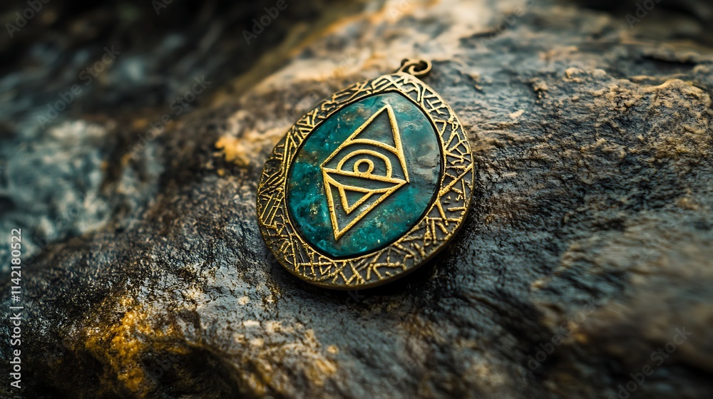 Teal gemstone amulet pendant on rock. Teal gemstone amulet pendant on rock.
