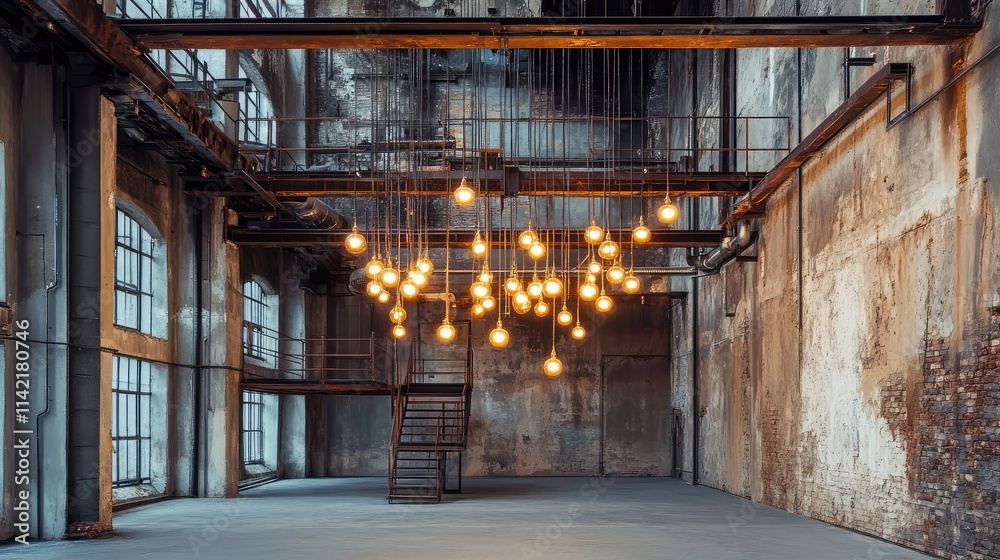 Industrial Interior with Exposed Beams and Hanging Light Bulbs Industrial Interior with Exposed Beams and Hanging Light Bulbs