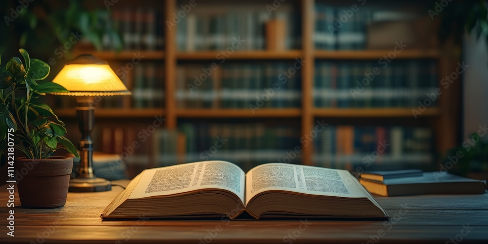 Fototapeta premium Open Book on Wooden Table in a Cozy Library Setting