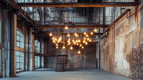 Industrial Interior with Exposed Beams and Hanging Light Bulbs