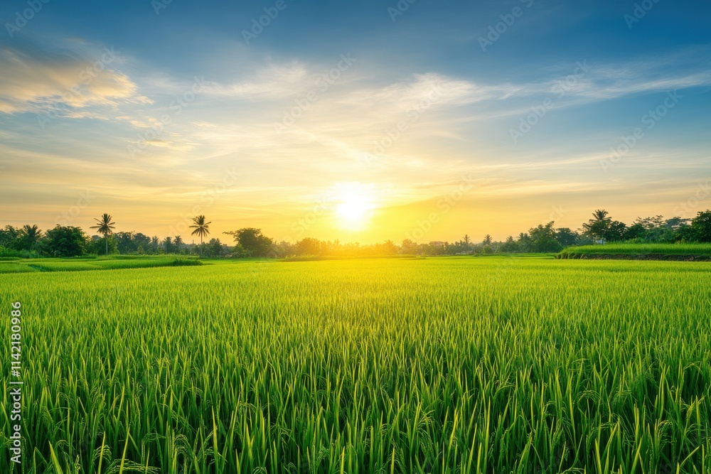 Fototapeta premium The sun is slowly setting over a beautiful green field nearby