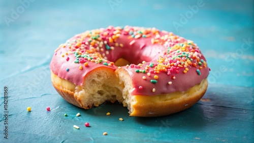 A colorful donut with a generous dollop of icing sugar on top is half bitten off by an eager beak, drool, yum photo