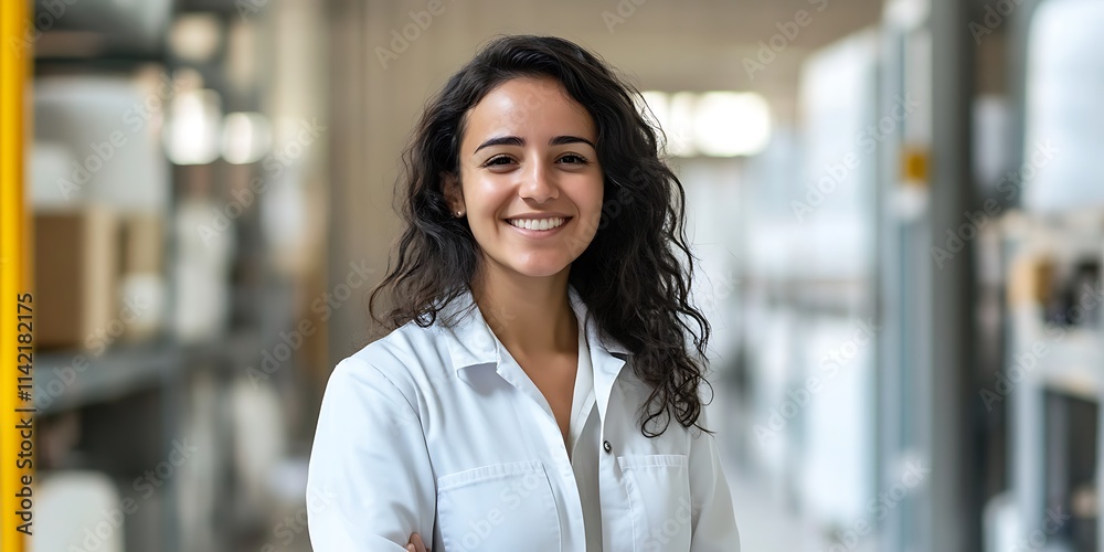 Portrait of a female engineer standing confidently in an industrial facility, smiling, portrait shot, looking at the camera Portrait of a female engineer standing confidently in an industrial facility, smiling, portrait shot, looking at the camera
