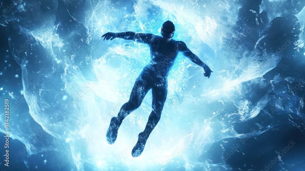 Man engulfed in a swirling, glowing blue energy sphere, floating in a dark, ethereal space. Man engulfed in a swirling, glowing blue energy sphere, floating in a dark, ethereal space.