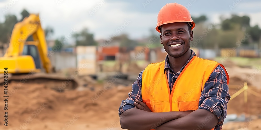 Kenyan male construction worker standing confidently at a building site with machinery Kenyan male construction worker standing confidently at a building site with machinery