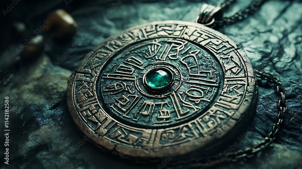Fototapeta premium Antique emerald pendant necklace with runes.