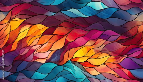 Vibrant abstract background with a mix of warm and cool colors, resembling stained glass with swirls and waves created by lines.