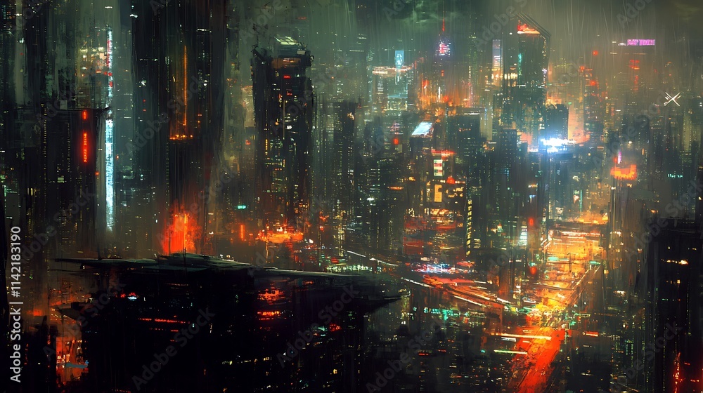 Fototapeta premium Cyberpunk city at night, futuristic cityscape with flying vehicle.