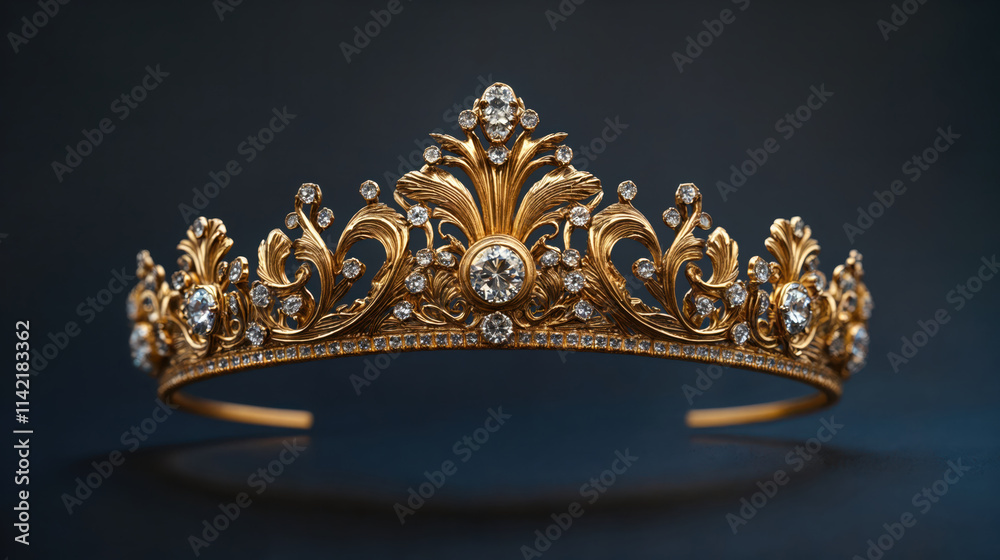 Golden royal tiara embedded with sparkling diamonds on dark background Golden royal tiara embedded with sparkling diamonds on dark background