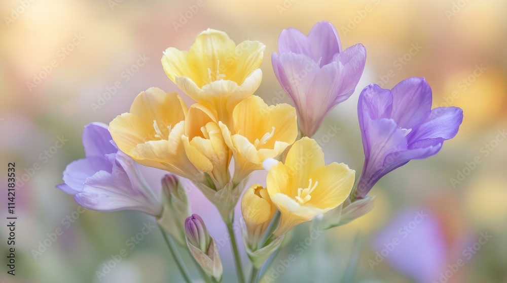 Fototapeta premium Beautiful Yellow and Purple Freesia Flowers in Soft Focus Background
