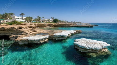 Crystal-clear waters reflect the sun as rugged cliffs form a stunning backdrop, showcasing the natural beauty of Wadi Shab in Oman photo
