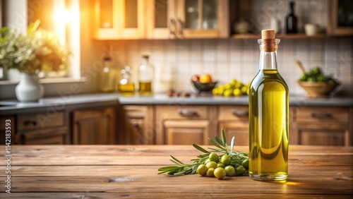 Bottle of extra virgin olive oil on a wooden table , table, kitchen ,  table, kitchen , olive oil
