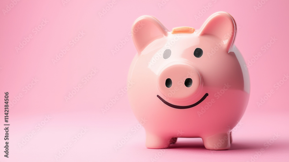 Cheerful Pink Piggy Bank Smiling Against Soft Pink Background Symbolizing Savings and Financial Management for Kids and Adults Alike Cheerful Pink Piggy Bank Smiling Against Soft Pink Background Symbolizing Savings and Financial Management for Kids and Adults Alike
