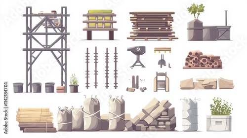 Detailed Vector Design of Construction Materials and Tools