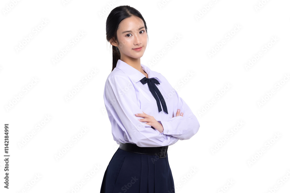 Happy pretty Asian student girl in school uniform crossing arms isolated on white background. Happy pretty Asian student girl in school uniform crossing arms isolated on white background.