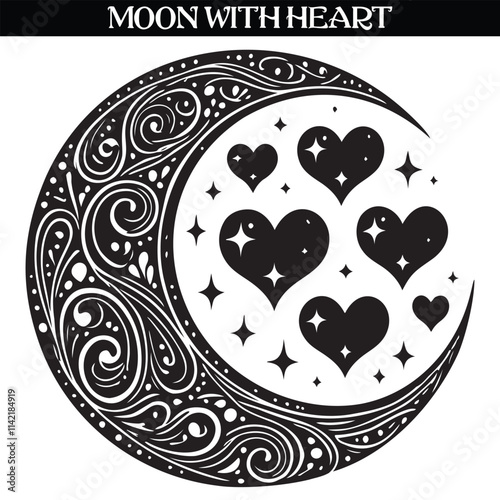 Moon with heart silhouette vector design. valentines silhouette