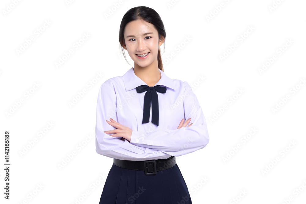 Happy pretty Asian student girl in school uniform crossing arms isolated on white background. Happy pretty Asian student girl in school uniform crossing arms isolated on white background.