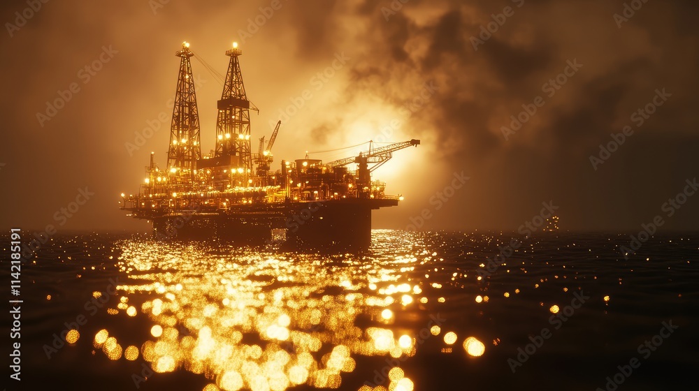 Fototapeta premium Illuminated Oil Rig at Sunset with Dramatic Sky and Ocean Reflection