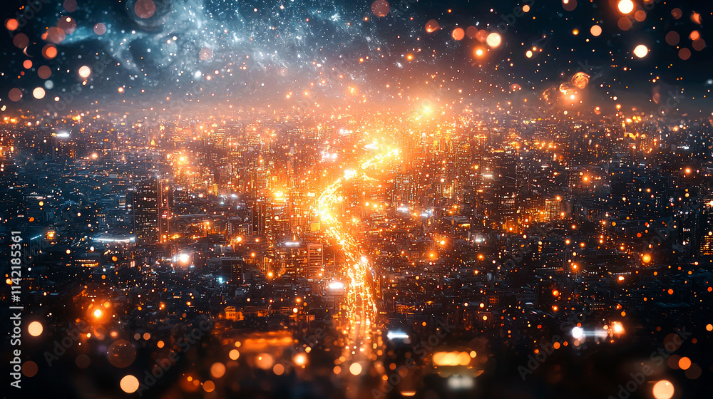 Naklejka premium Night city lights aerial view.