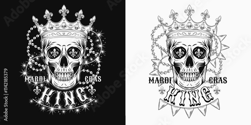 Mardi Gras King label. Emblem with theatrical comedy face mask in imperial clown, intertwined interlaced strings of beads, pennants bunting, text. Monochrome composition in vintage style