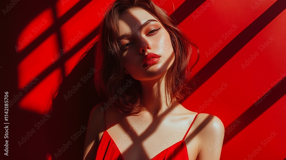 Naklejka premium Female model in an edgy red dress, posing boldly under spotlighting with sharp shadows, high contrast, advertisement photo