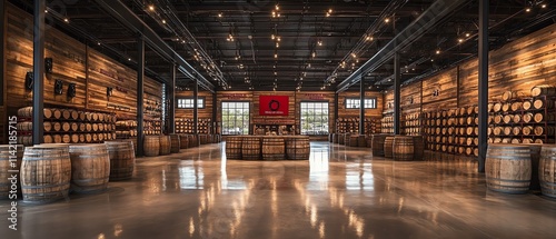 Aging whiskey barrels, bourbon barrels, scotch barrels, and wine barrels in a factory, rustic industrial setting, wooden barrels stacked in rows, aging process photo