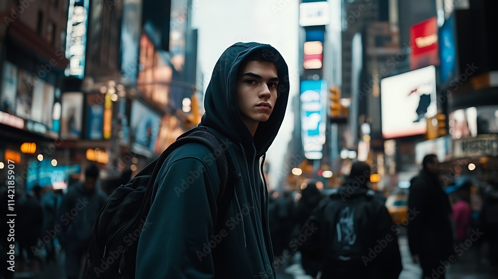 Young man in a hoodie walking through a busy city street with urban surroundings Young man in a hoodie walking through a busy city street with urban surroundings