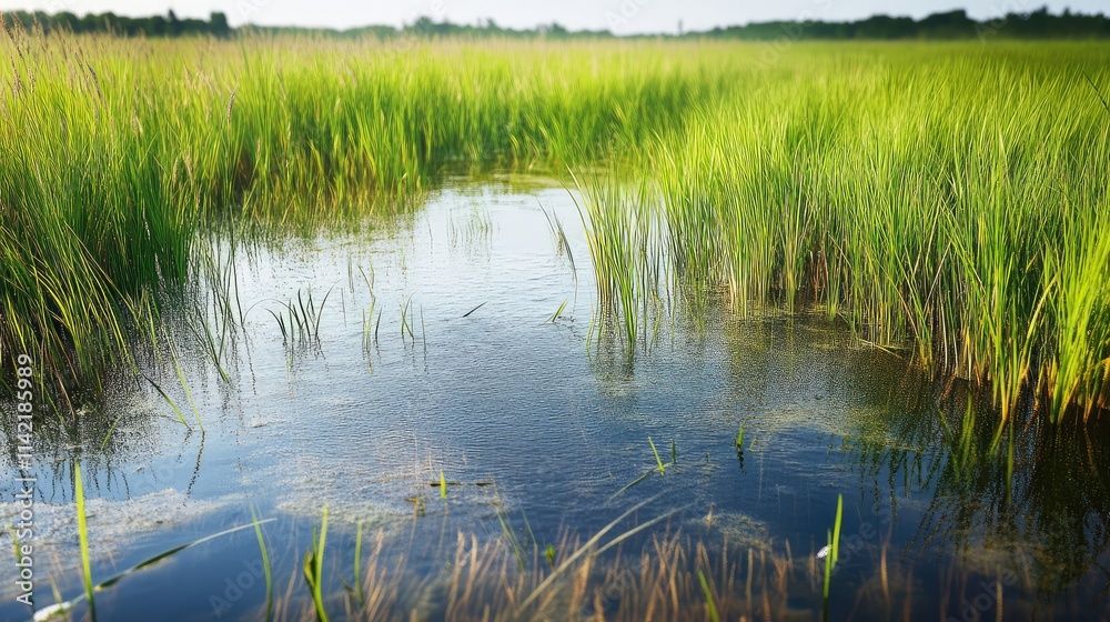 Calm Marsh Landscape with Lush Green Grass and Still Water Reflection Calm Marsh Landscape with Lush Green Grass and Still Water Reflection