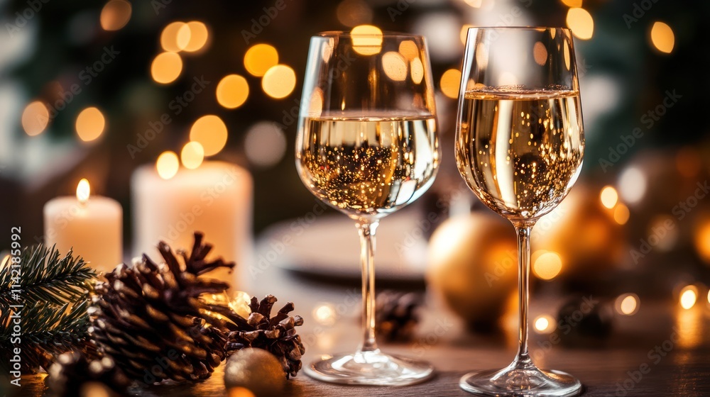 Two wine glasses on a table with Christmas decorations and lights. Two wine glasses on a table with Christmas decorations and lights.