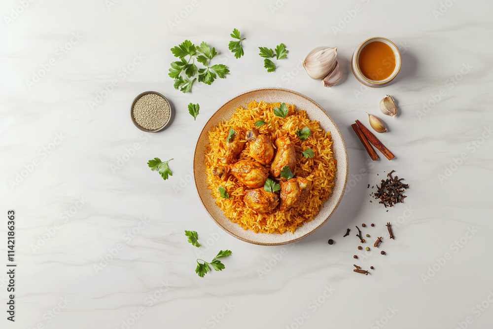 Chicken Biryani Dish Traditional Indian Yellow Rice with Spiced Marinated Chicken, Served with Leek, Cucumber, and Lettuce on a White Plate Chicken Biryani Dish Traditional Indian Yellow Rice with Spiced Marinated Chicken, Served with Leek, Cucumber, and Lettuce on a White Plate