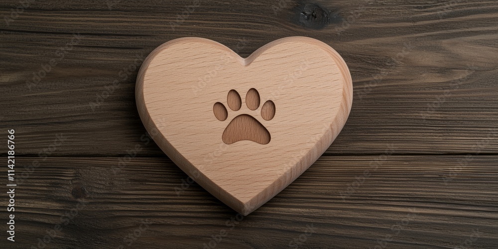 A wooden heart with a paw print carved in the center, symbolizing love for pets and animals. A wooden heart with a paw print carved in the center, symbolizing love for pets and animals.