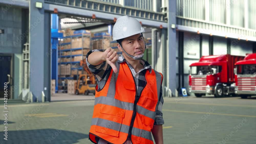 Asian Male Engineer With Safety Helmet Showing Thumbs Down Gesture And Shaking His Head While Standing , Outside of Logistics Distributions Warehouse Asian Male Engineer With Safety Helmet Showing Thumbs Down Gesture And Shaking His Head While Standing , Outside of Logistics Distributions Warehouse