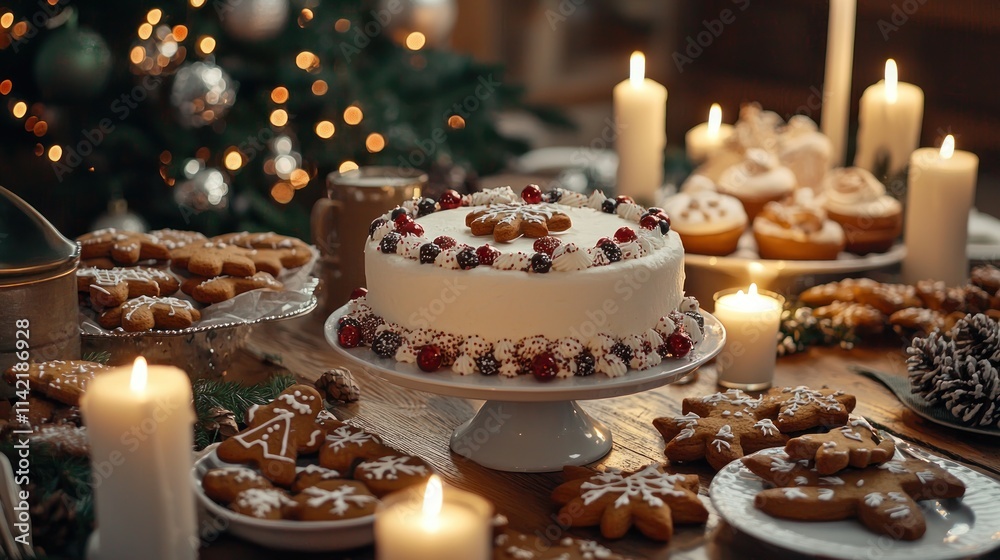 Naklejka premium 3. A holiday-themed table with gingerbread cookies, a decorated cake, and candles, creating a warm and inviting atmosphere.