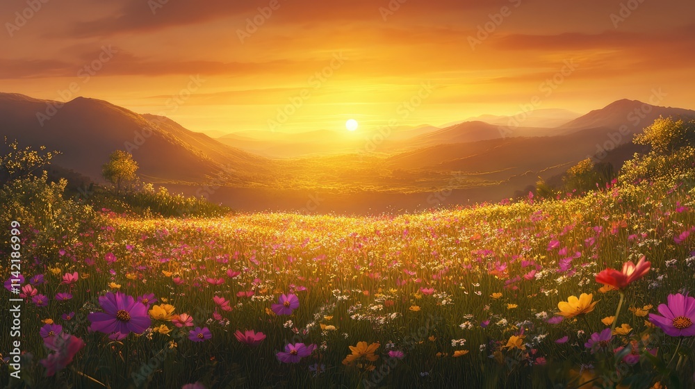 Obraz premium Vibrant Sunset Over a Colorful Meadow Filled with Wildflowers