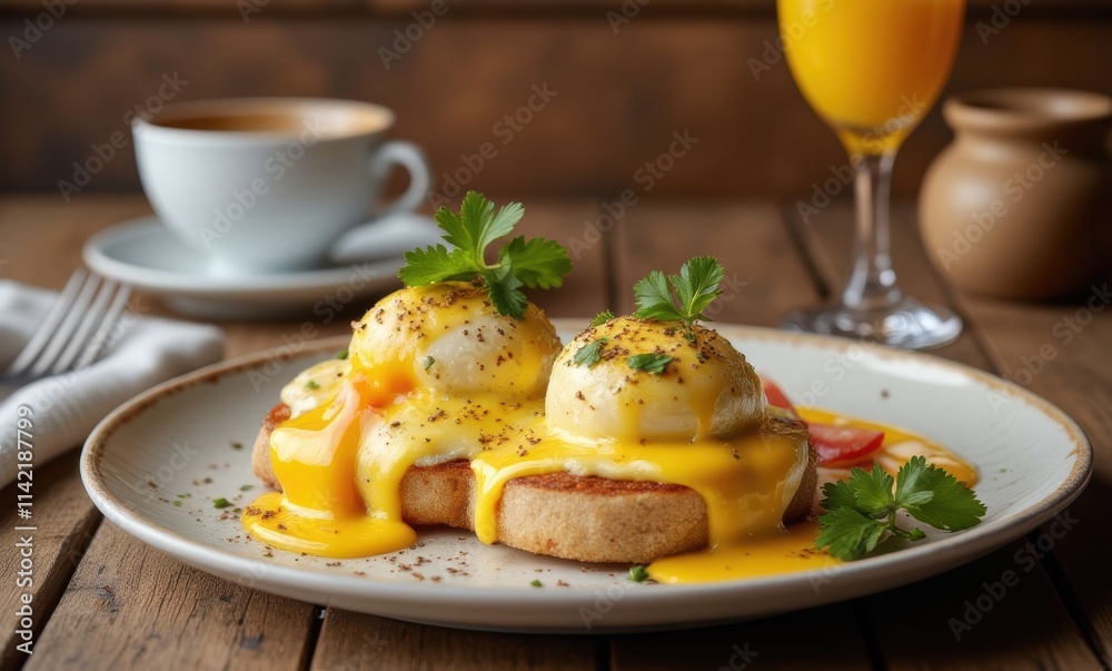 Delicious eggs benedict with a refreshing drink Delicious eggs benedict with a refreshing drink