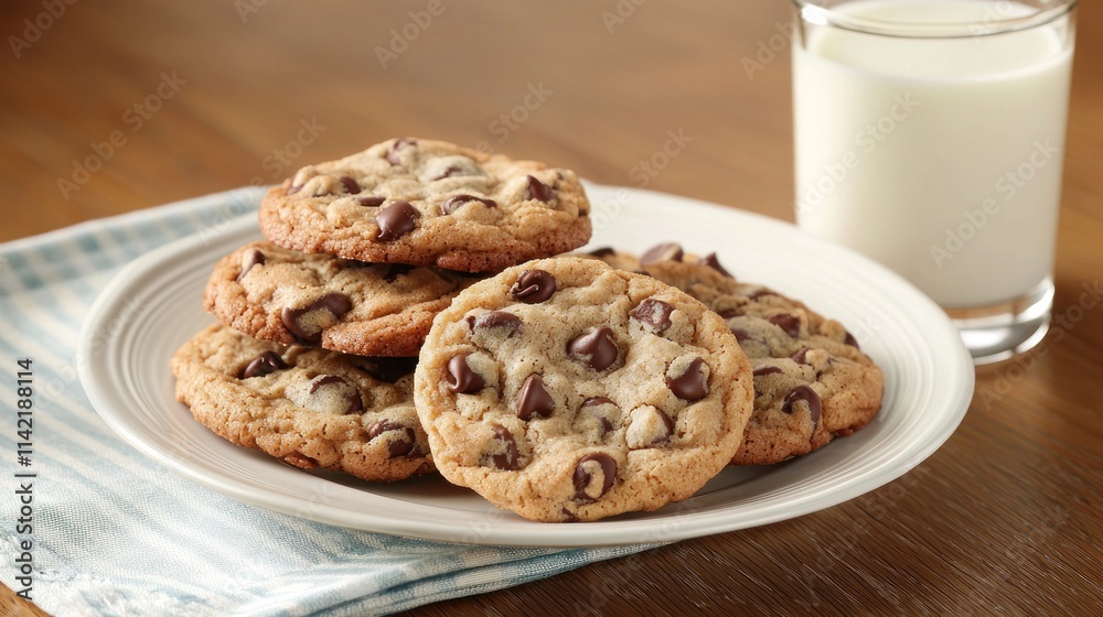 3. A plate of freshly baked chocolate chip cookies, stacked neatly with a glass of milk beside it 3. A plate of freshly baked chocolate chip cookies, stacked neatly with a glass of milk beside it