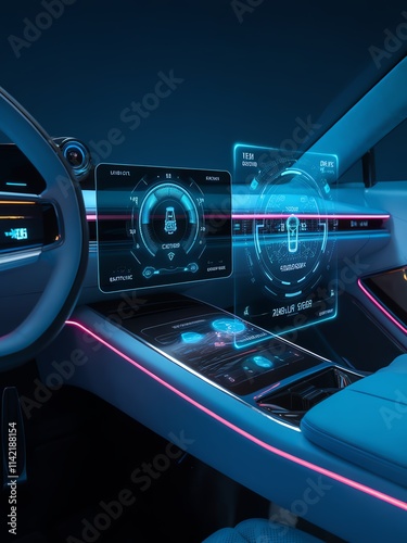 Futuristic car dashboard with neon lights and digital interface displaying controls and information.