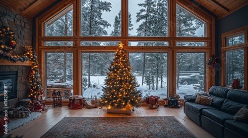 A cozy living room decorated for Christmas, with a large tree in the corner and warm lighting from a fireplace photo