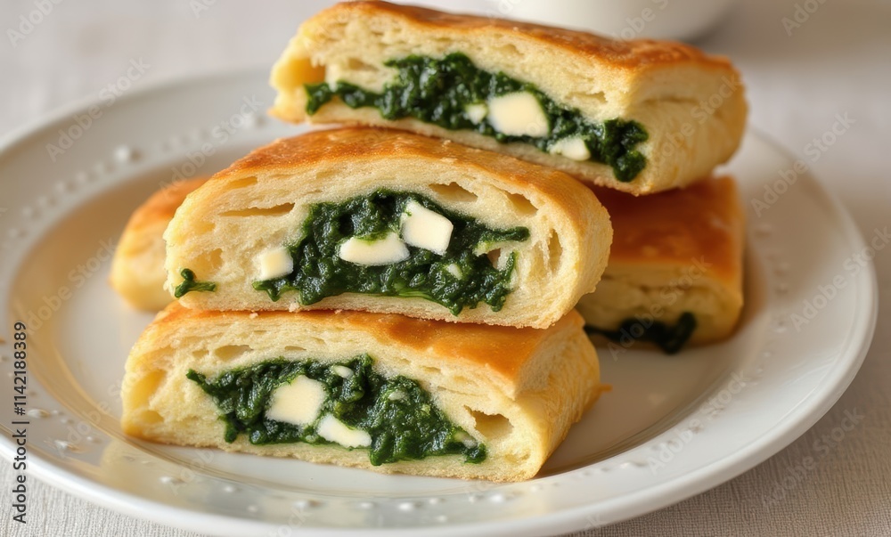 Savory spinach pastry on a plate Savory spinach pastry on a plate