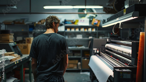 In a small print shop, a worker loads fresh paper into a commercial printer, preparing to print custom invitations for a special event with precision and care.