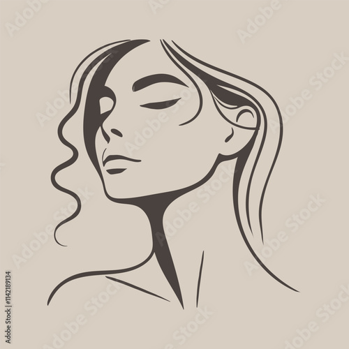 Minimalist line art of a serene woman with flowing hair, beige background