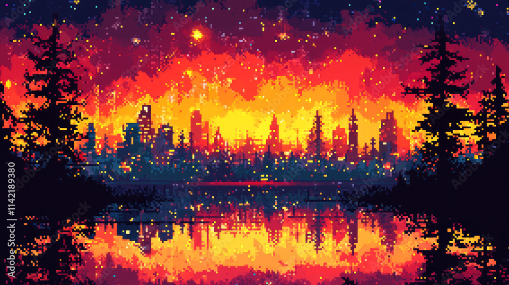 Pixel art city skyline at night, fiery sky reflection. Pixel art city skyline at night, fiery sky reflection.