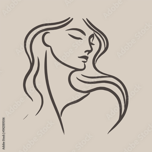 Minimalist line art of a serene woman with flowing hair, beige background