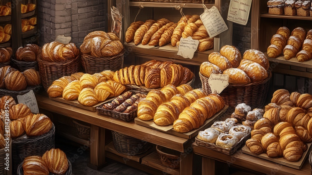 a bakery display filled with golden croissants, crusty loaves of bread, and sweet pastries arranged on wooden trays. a bakery display filled with golden croissants, crusty loaves of bread, and sweet pastries arranged on wooden trays.