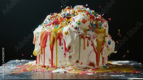 Wallpaper Mural a cake with melted icing running unevenly down the sides, creating a messy and chaotic dessert scene.  Torontodigital.ca