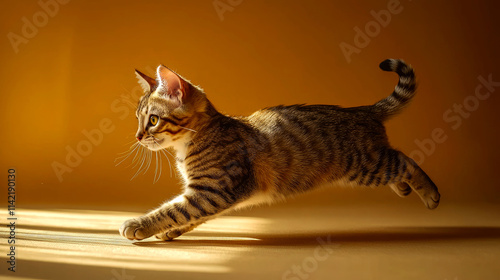 Playful Bengal kitten running on golden background. photo