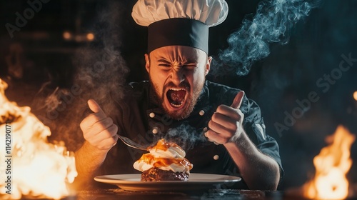 a chef tasting a dessert and reacting dramatically after accidentally adding hot sauce instead of syrup. 