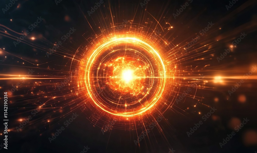 Obraz premium A glowing orange circular atom with light beams emanating from its core